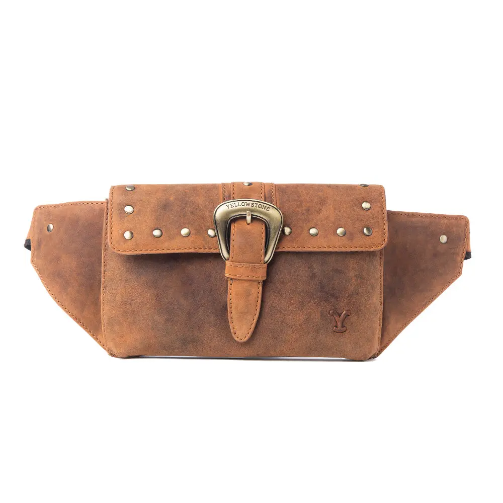Men's Western Studded Distressed Leather Fanny Pack, Handcrafted Cowboy Belt Bag in Amber with an Antique Brass Buckle and Adjustable Strap, Secure Storage, Casual, Statement Men's Fanny Packs & Belt Bags