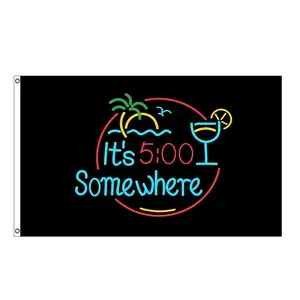 It's 5 O'Clock Somewhere Flag Novelty Party Flag 3x5 ft 100%25 Polyester With Two Yellow Buttonholes for Bar Beer House College Dorm Room Man Cave Tailgates and Parties