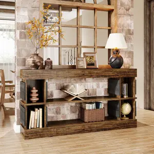 TRIBEWOOD Long Console Table with Storage, 63" Wood Entryway Table, 3-Tier Farmhouse Behind Couch Table, Modern Hallway Sofa Table with 4 Compartments for Entrance, Living Room