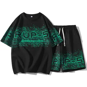 Versatile men's black multi piece street style suit with a trendy atmosphere adorned with RUP-5-style printed contrasting colors for casual home wear