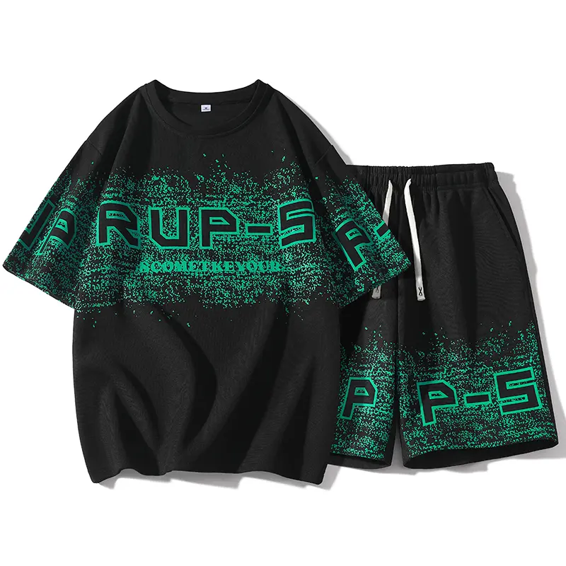Casual Menswear 2 Piece Clothes Set, 'P 5' Graphic Print Shortsleeve Crew Neck T Shirt and Shorts for Loungewear, Streetwear, Preppy, Athletic, Basics, Matching, Stylish, Short Sleeves, Round Neck, Black, Fitted Cut, Polyester, Bold P-5, Holiday, Cold Was