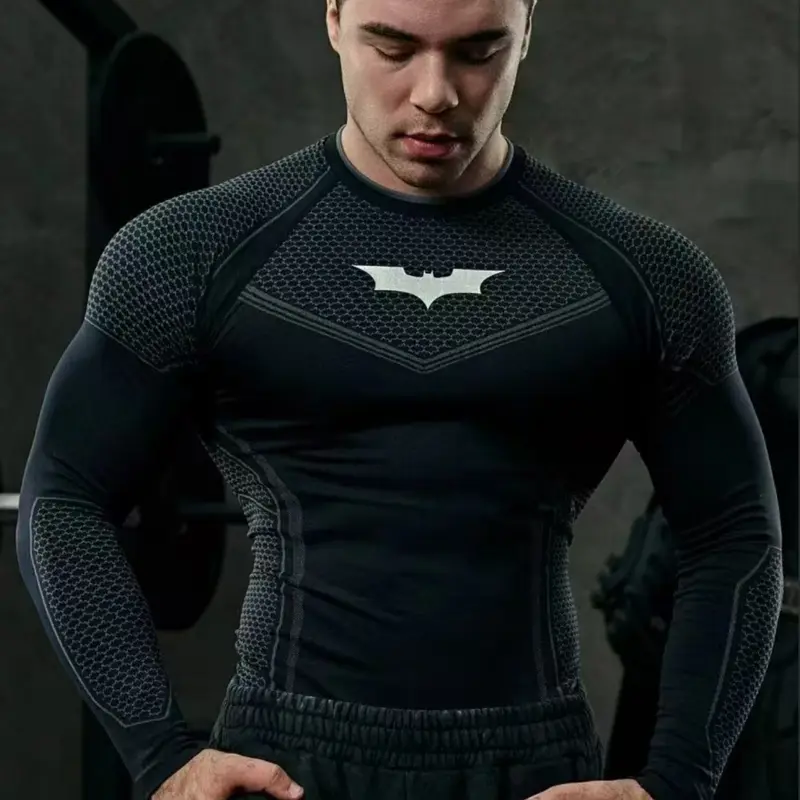 Men's Batman Sports Long-Sleeve Compression Running Top, High-Stretch Quick-Dry Design, High-Performance Activewear for Gym and Training, Athletic Fitness Top, Athletic Training Tops, Athletic Apparel, Athletic Sports Clothing