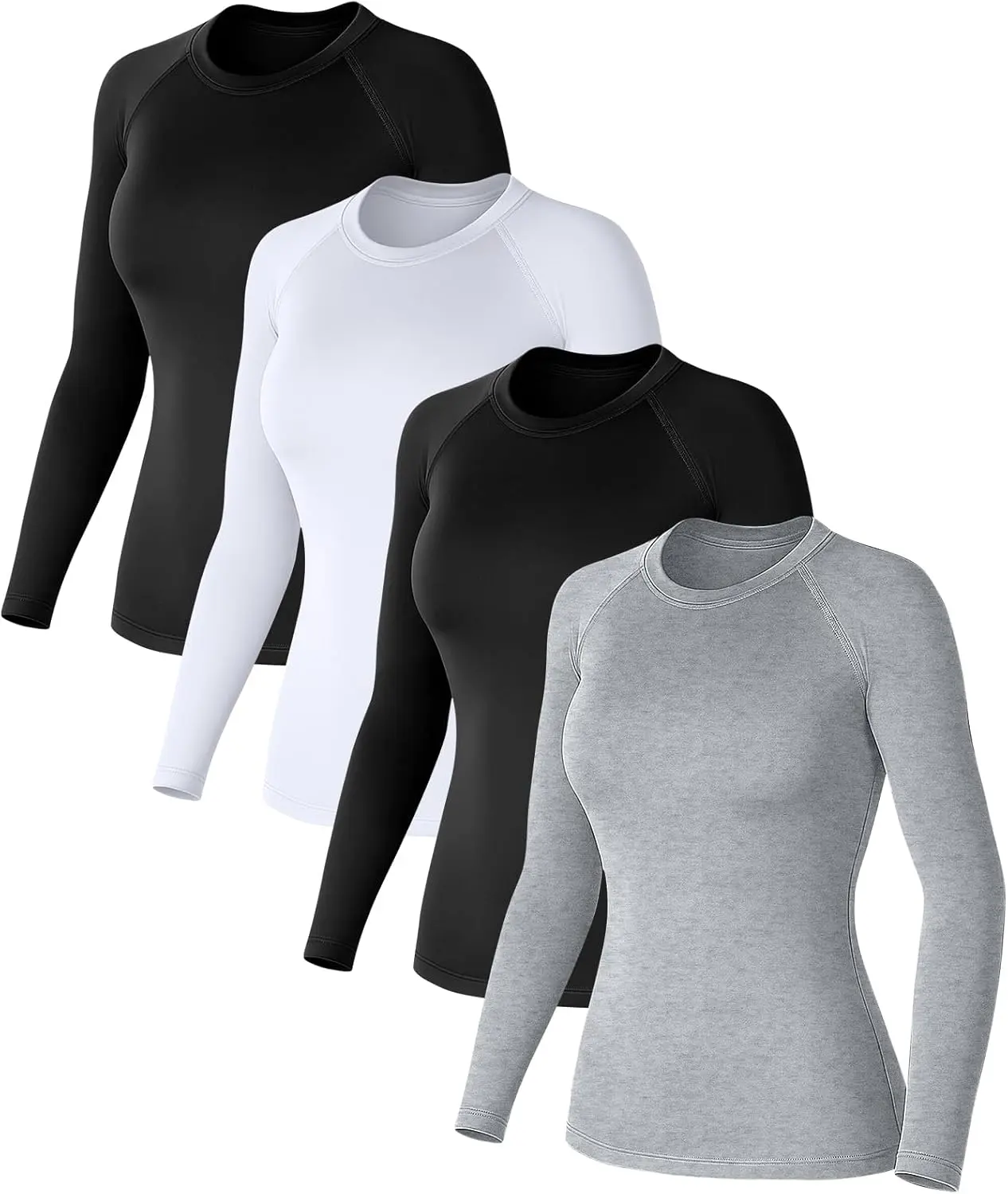 Coume 4 Pack Women's Compression Long Sleeve Shirts Crew Neck Workout Tops Quick Dry Gym Running Athletic Sports Underscrubs