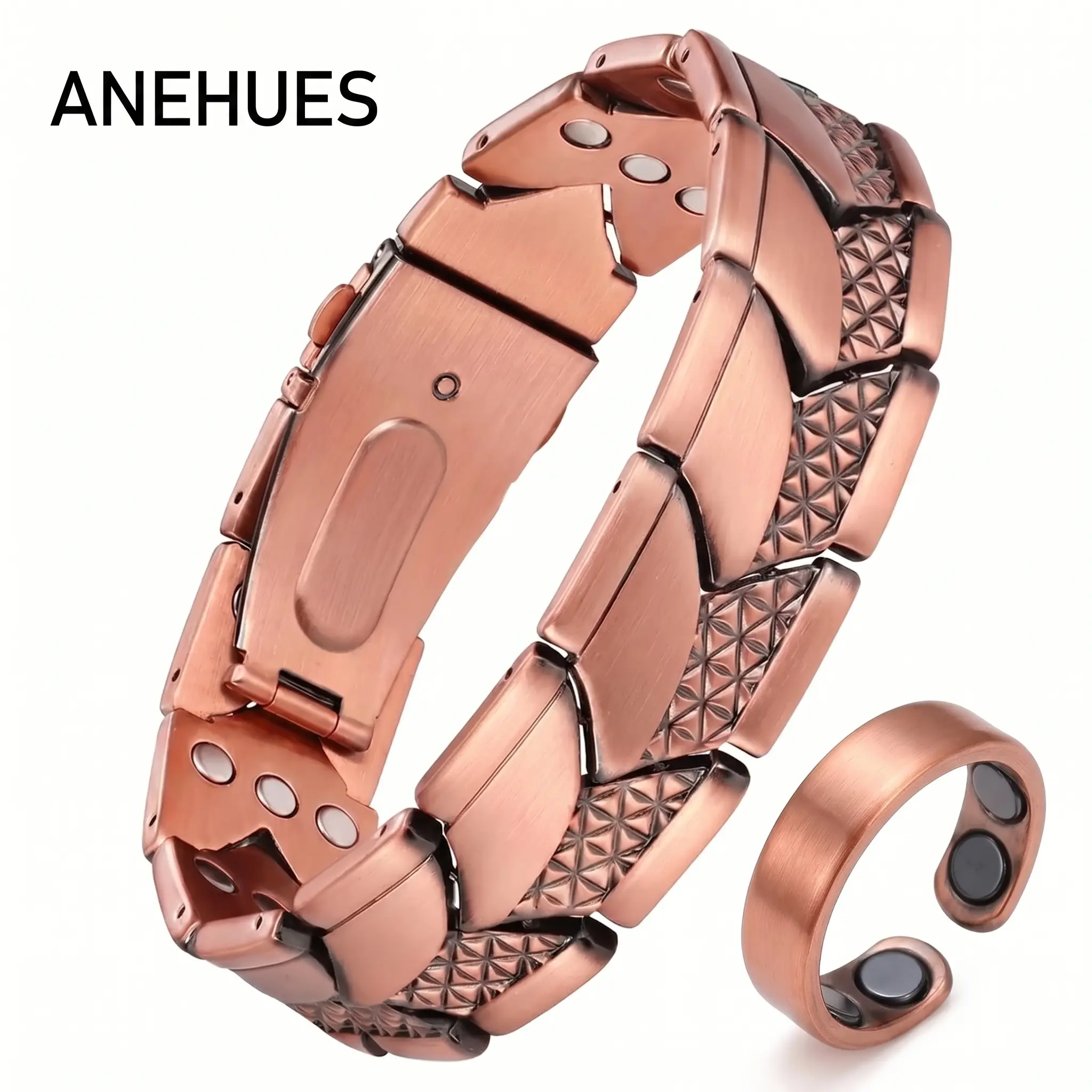 [Buy 1 Get 1] Anehues Magnetic Copper Bracelet & Copper Ring Gift Set for Men | 99.99% Pure Copper, 3800 Gauss, Adjustable Fit | Pulsera Magnética de Cobre y Anillo Ajustable