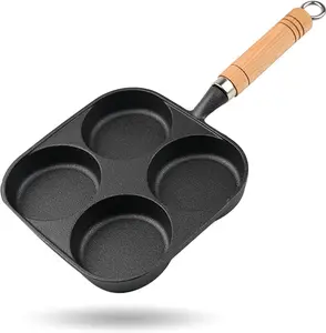 Frying pan, 4-cup cast iron egg frying pan, with a wooden handle divided grill pan, suitable for frying eggs, steaks, and burgers for breakfast (black)