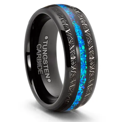 Men's Elegant 8mm Tungsten Carbide Ring - Blue Titanium Shaved Inlay, Opal Stripe, Tarnish-Resistant Prong Band for Everyday Wear, Proposal Ring for Your Better Half