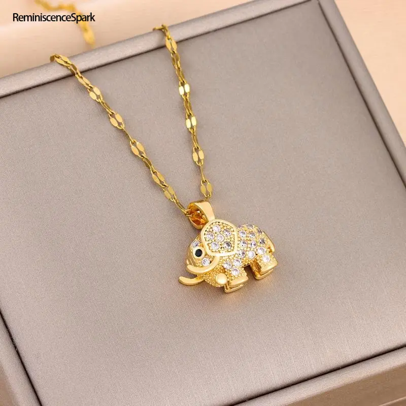 Dainty Elephant Pendant Necklace for Women, Copper Metal with Sparkling Cubic Zirconia Chains, Versatile for Daily and Party Wear