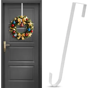 12 Inch Narrow White Wreath Hanger Over The Door Hook Holder for Christmas Halloween Indoor Outdoor Front Door Wall Wreath Decorations
