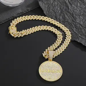 Iced Out Round Pendant Necklace Gold Plated HH Bling Statement
