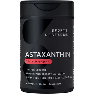 Sports Research Triple Strength Astaxanthin Supplement from Algae - Made with Coconut Oil, Non-GMO Verified & Gluten Free - 12mg - 60 Veggie Softgels