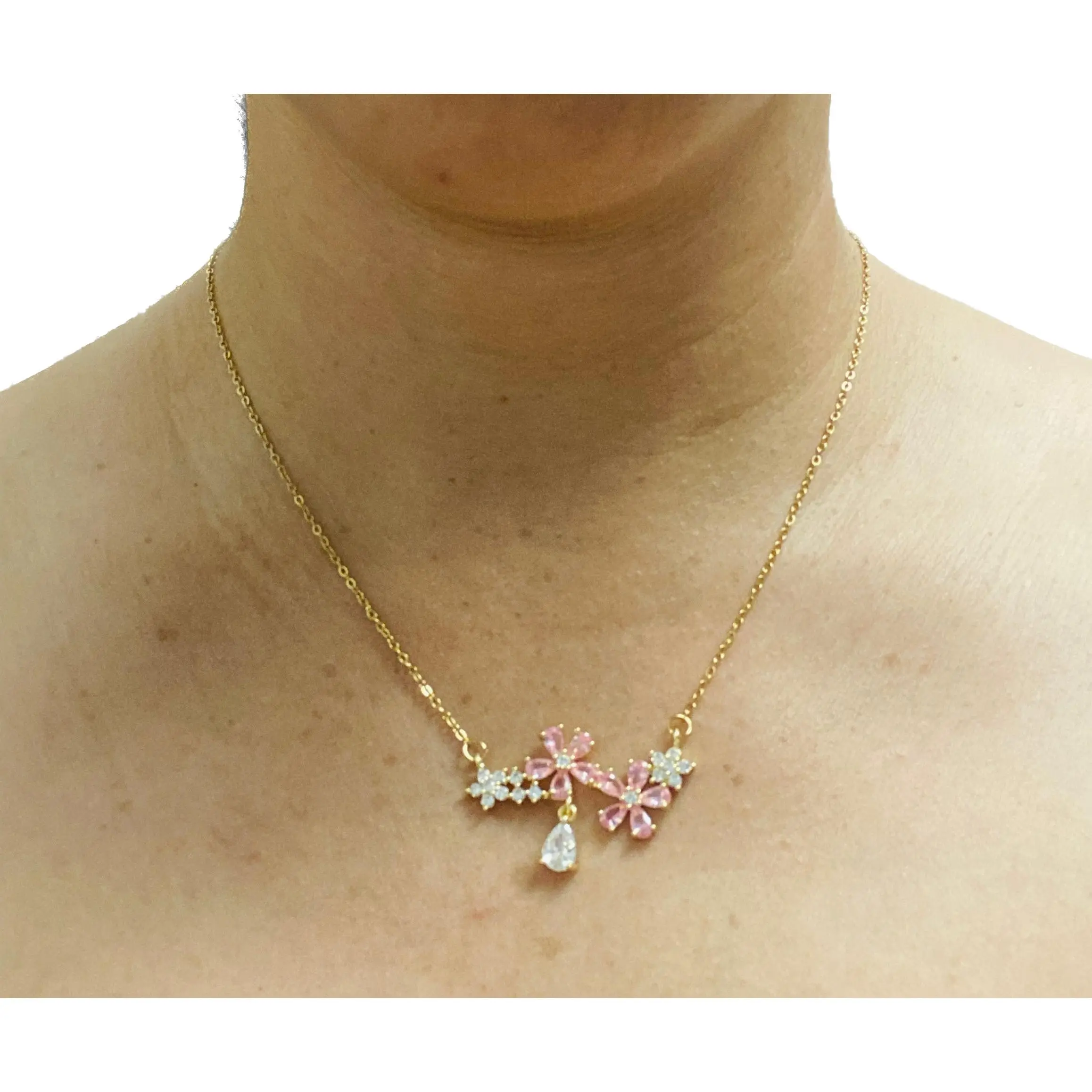 Crystal Pink Flowers Necklace 18k Gold Plated