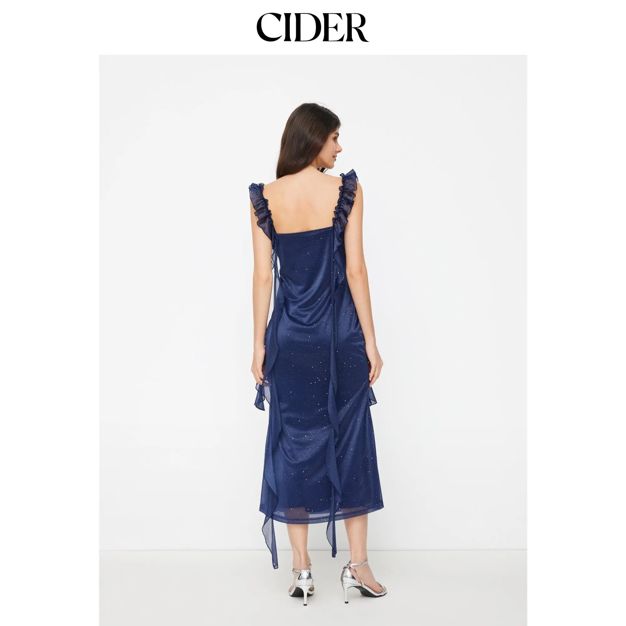 cider formal dresses Women's Elegant Pull-On Cowl Neck Solid Glittered Ruffle Hem Maxi Dress, Elegant for Women, Wear, Formal Dresses, Women's Dresses color:SEAFOAM MULTI