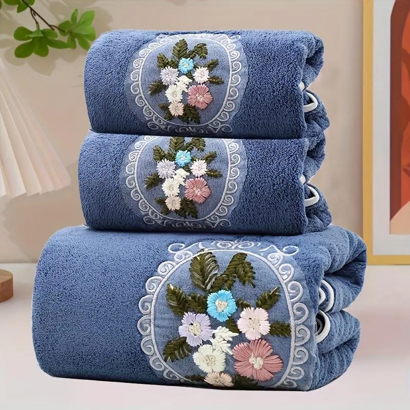 3-Piece Floral Embroidered Bath Towel Set - 2 Face Towels, 1 Bath Linen, Soft Skin-Friendly Water-Absorbent Household Essential for Everyday Use