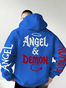 Men's Fitted Casual Hoodie with Angel Letter Print, Trendy Geometric Graphic Design, Polyester Material with Kangaroo Pocket for All Seasons
