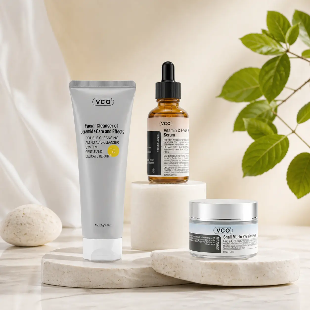 VGO Smooth Skin Routine Kit - Gentle, Lightweight Facial Cleanser, Hydrating Serum & Moisturizing Snail Mucin, Moisturizer, Set, Cleansing, Daily, Evening, Hydrate, All Skin Types, Single Item, Easy Layering Routines, Keeps Skin Fresh And Smooth