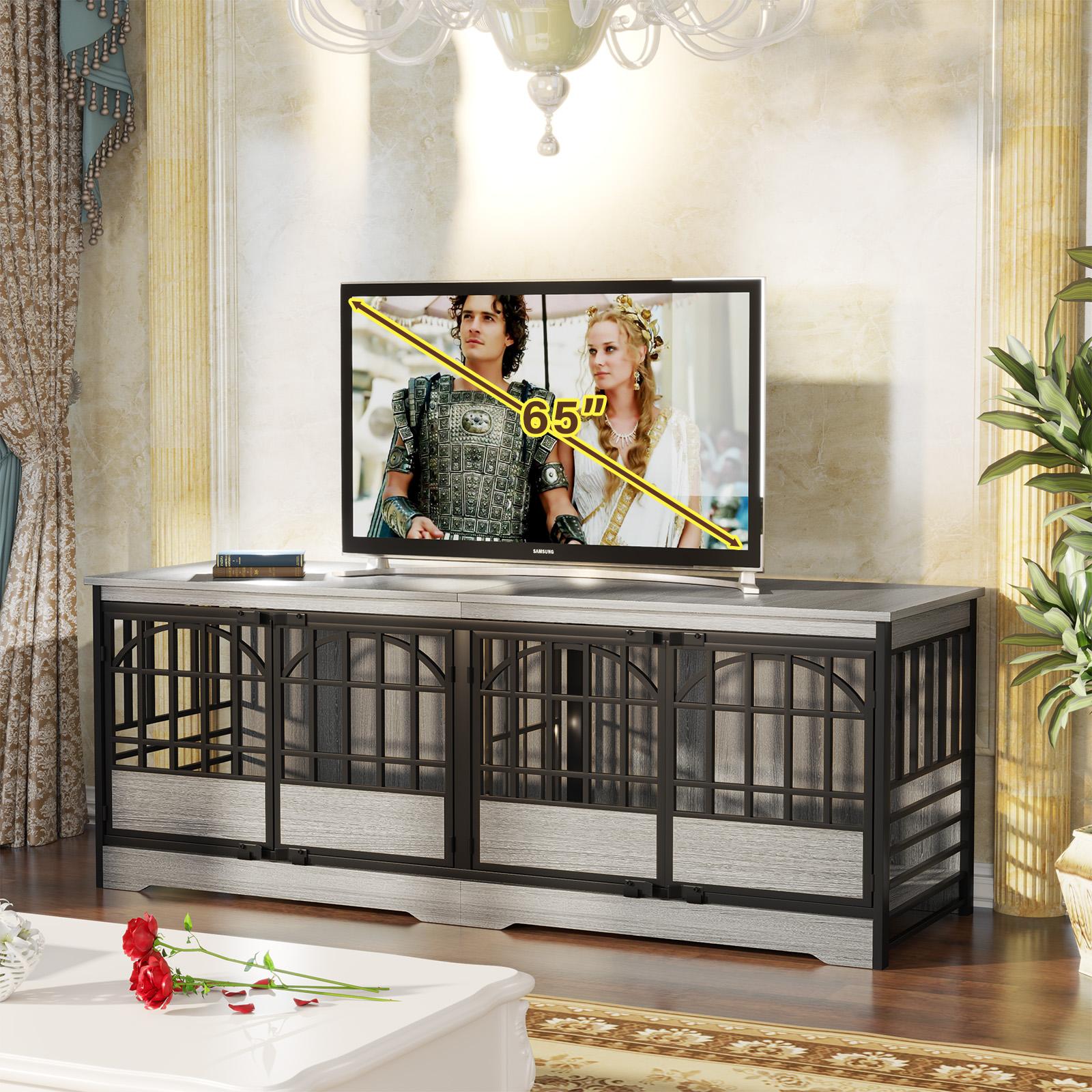 COZPAW 86 Inch Double Dog Crate Furniture for 2 Dogs, Decorative Dog Kennel Indoor TV Stand, Heavy Duty Wooden Dog Cage for Large Medium Dogs Sized Dog Pet House with Divider (Brown)