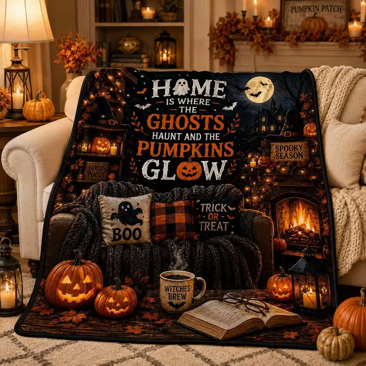Home Is Where The Ghosts Haunt Halloween Blanket Glowing Pumpkin Plush Fleece Throw Cozy Fall Fireplace Witchy Aesthetic Room Decor Spooky Holiday Gift for Couch Bed