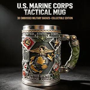 U.S. Marine Corps 3D Tactical Mug, Embossed Military Badges Stainless Steel Tankard, Collectible Drinkware Gift for Marines Veterans Dad