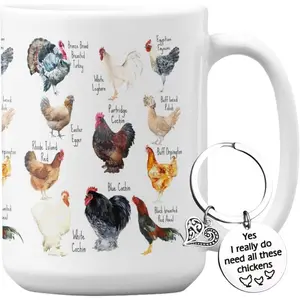 Breeds of Chicken Coffee Mug 15Oz With Keychain, Chicken Gifts For Chicken Lovers, Chicken Mom Stuffs, Chicken Coffee Cup For Women, Chicken Themed Gifts, Chicken Lady Gifts