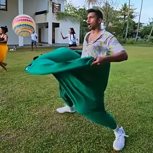 Grandma Pants Yard Game Set, Fun Giant Elastic Pants, Outdoor Game Kit with 2 Bouncy Balls and 1 Pump, Perfect for Family Fun