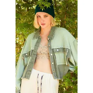 POL Waffle Knit Raw Hem Contrast Button Up Jacket