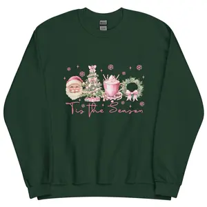 Tis The Season Pink Christmas Sweatshirt, Coquette Bow Christmas Shirt, Retro Christmas Crewneck, Girly Christmas Sweater, Merry Christmas Womenswear Polyester