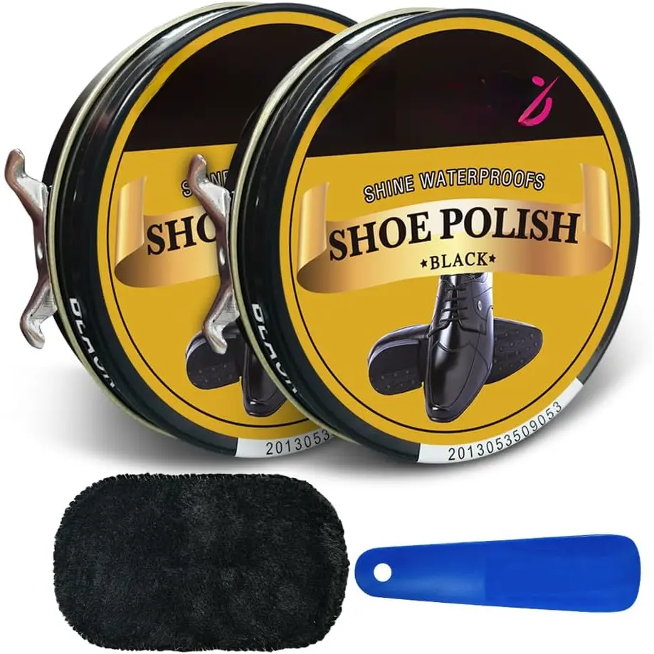 Black Shoe Polish 2 Pack Total 3.4oz,Polish Care for Black Leather goods,Shoe Cream,Shine Cloth, Durable Shoe Horn,Contains  UV Protection Material.
