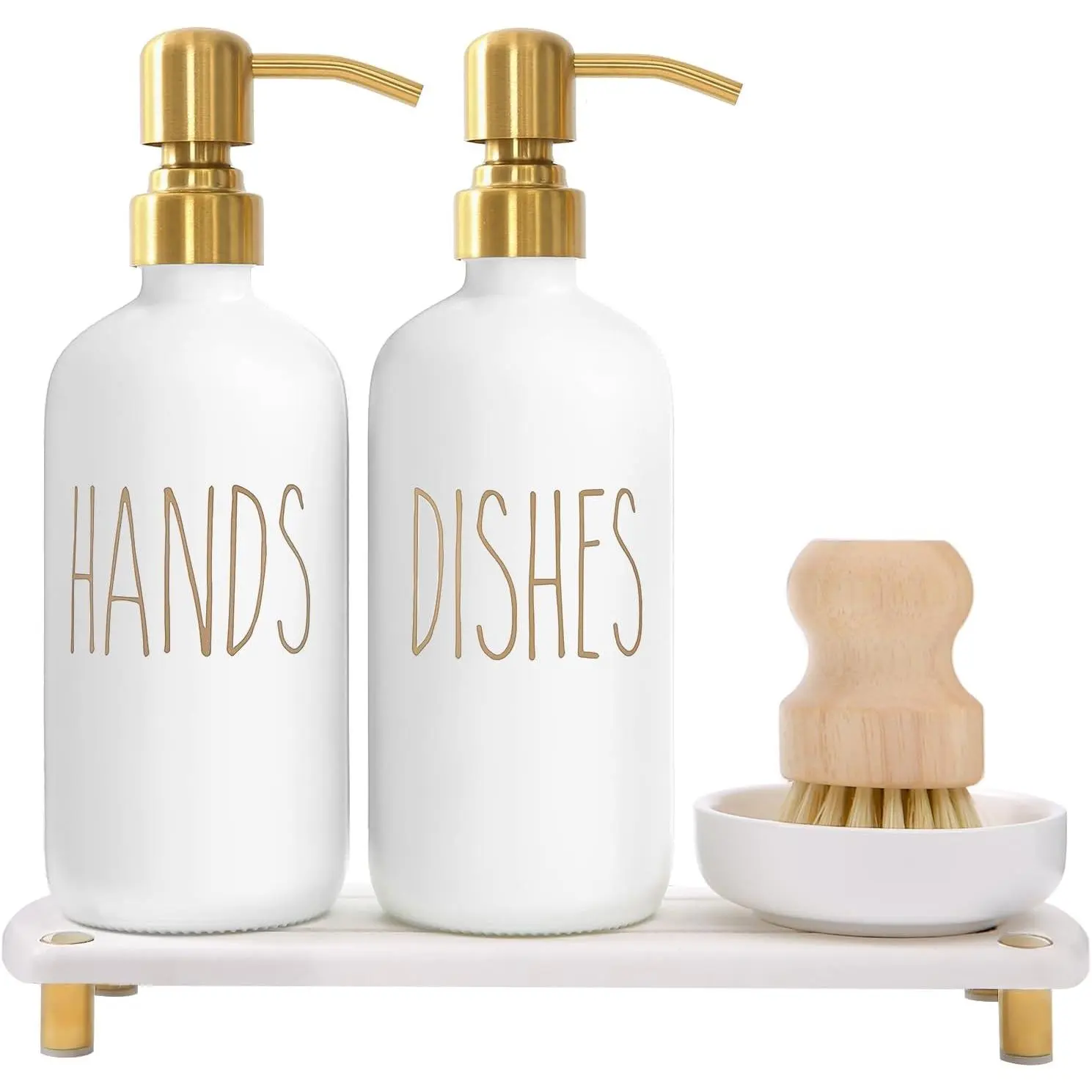 Gold Soap Dispenser Set Comes with Stainless Steel Pumps, Instant Dry Tray, and Dish Scrub Brush, Suitable for Decor and Accessories.Gold