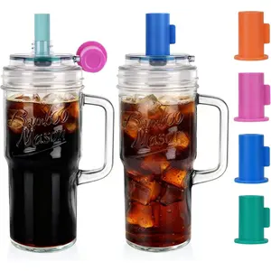 Bamboo Leakproof Jar Cups with Lids and, Cap Cup 24oz with Handle, Rotating Lid Straw, Reusable Iced Coffee Matcha Cup Coffee Gifts for 2pc