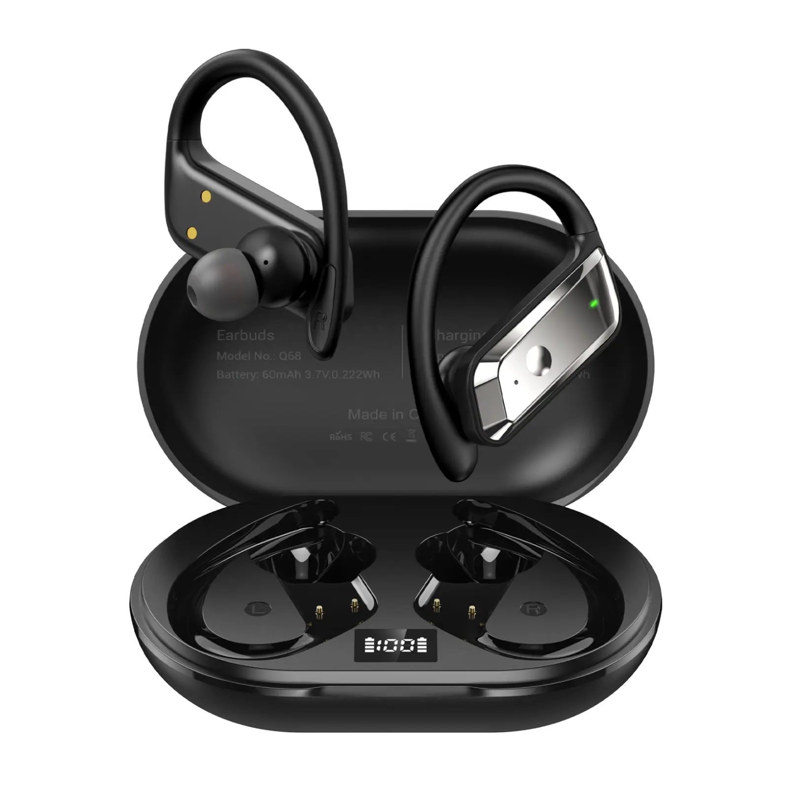 Q68 Sports Ear Hook Wireless Earbuds – Secure Fit, No Fall,Bluetooth 5.4