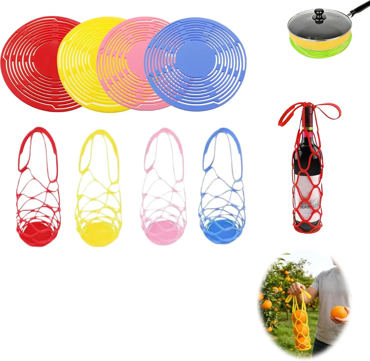 Silicone Wine Bottle Carrier 4 Pack, Stretchable Mesh Tote & Trivet Mat (B) | 4 Pack silicone wine carrier with stretch mesh design. Converts into a heat resistant trivet for bottles and cookware.