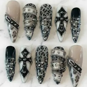 McBling Gothic Leopard Y2K Press-On Nails | 3D Animal Print & Chrome Cross Nail Art