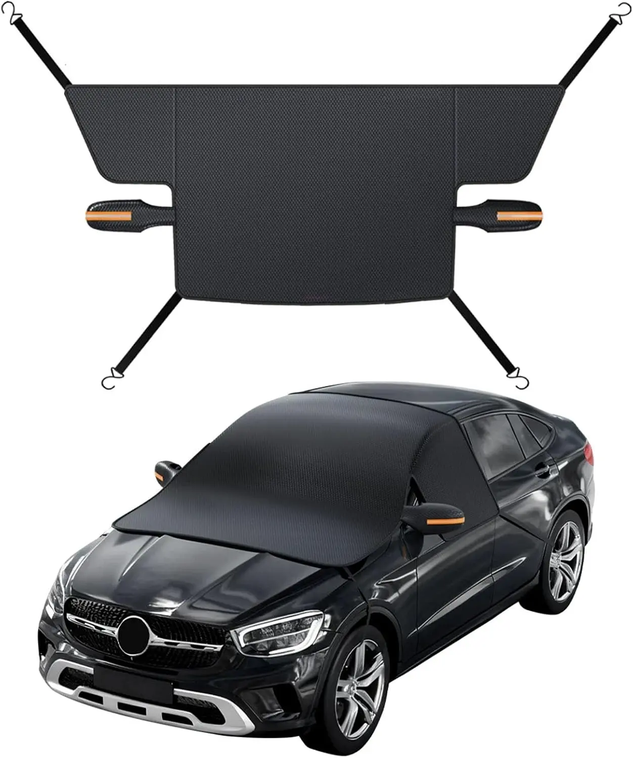 Universal Car Windshield Cover - 600D Oxford Fabric, 4 Straps, Winter Ice/Snow Protection, Summer Sunshade with Yellow Earmuffs