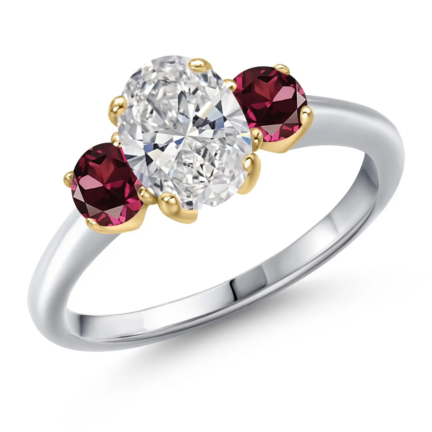 1.74cttw 10K White Gold IGI Certified Lab Grown Diamond and Red Rhodolite Garnet 3-Stone Engagement Ring For Women | Center 1.00 Ct Diamond | D-E Color | VS1-VS2 Clarity