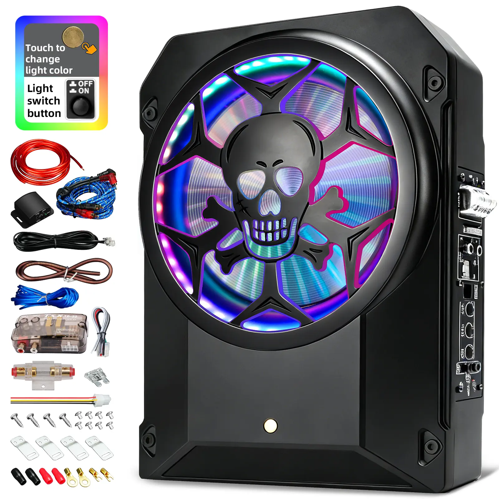SCBPAUD 10-Inch Ultra-Compact Class D Car Subwoofer, 1600W Skull Design, Aluminum Alloy Housing, RGB LED Lights, Touch-Color Control, Universal Fit for Most Vehicles, Car Audio Installation Compatible