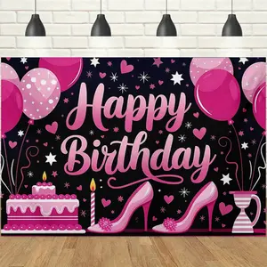 1pc 2D Pink Black High Heels Birthday Banner, Sweet Goddess Style Balloon Cake Backdrop, Birthday Party Decoration Tapestry, Photo Booth Background Cloth for Birthday Celebration