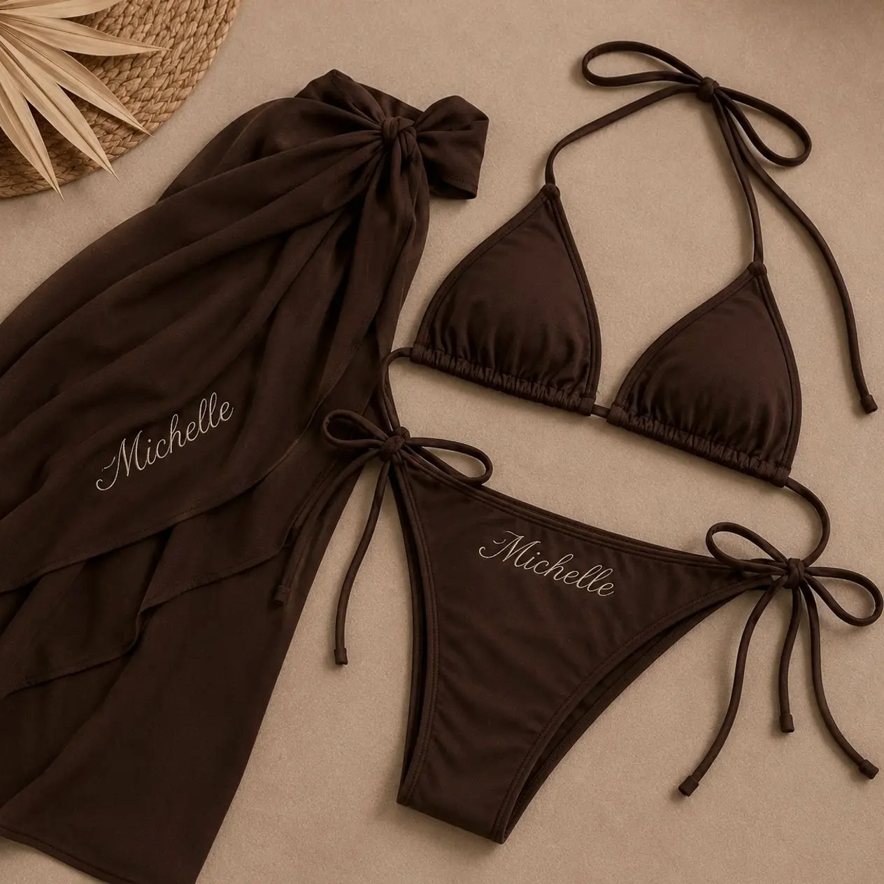 Custom Bride Bikini Set and Wrap Sarong, Personalized Embroidered 3 Piece Swimwear for Honeymoon Vacation