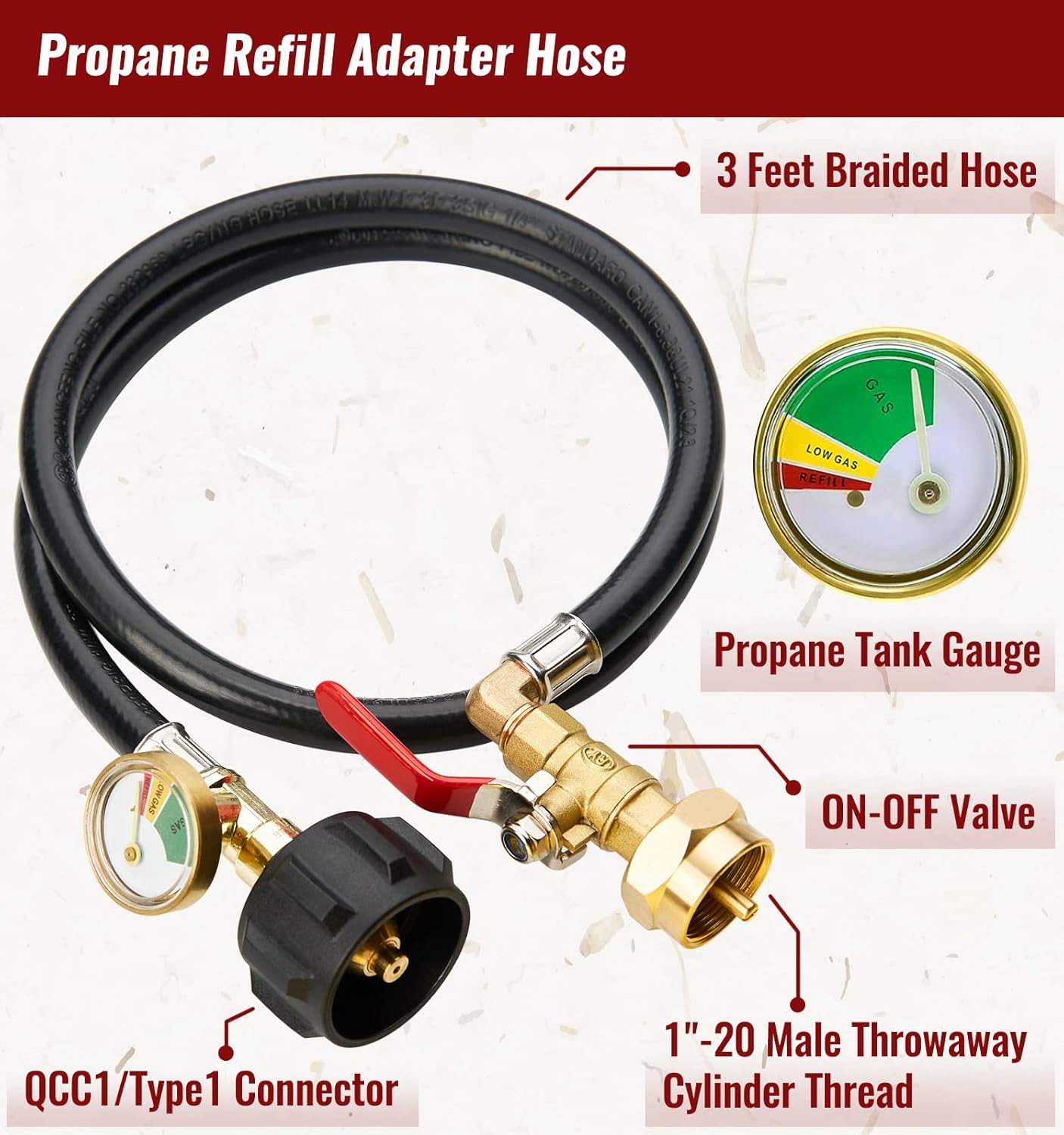 1LB to 20LB Propane Refill Adapter Hose with Gauge, On-Off Control Valve, Leak-Proof Extension Hose for Camping, BBQ, Outdoor Grill, Heater, Lantern – Heavy Duty Propane Tank Converter Kit 40 Inch