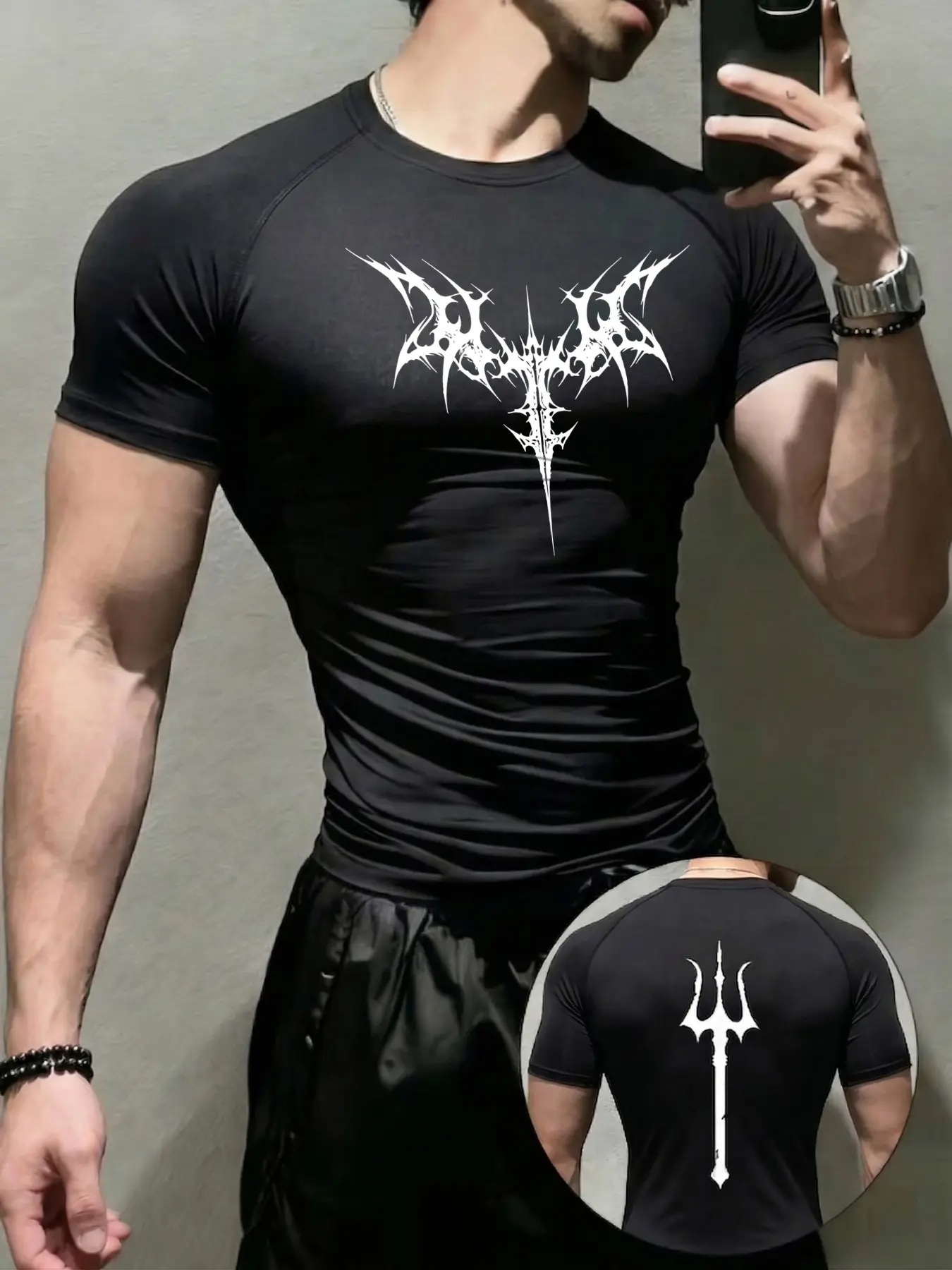 1pc Men's Black Compression Shirt  Gothic Print with Trident Back Graphic,Athletic Top for Gym & Bodybuilding, Breathable Quick Dry Athletic Performance Base Layer for Fitness Running Powerlifting Training, Sports Tops Fitness Clothes Tops