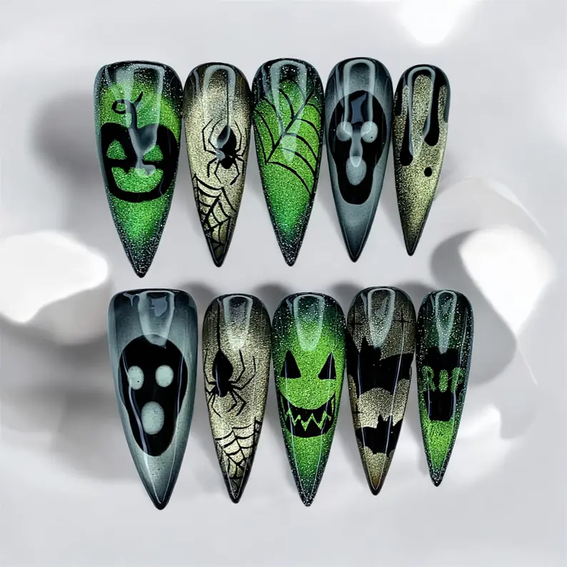 Handmade Halloween Theme Press-On Nails - Stiletto Fake Nails with Detailed Ghostface Scream, Pumpkin & Spider Designs
