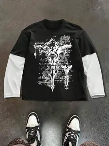 Men's Gothic Sword & Scroll Graphic Print Long Sleeve T-Shirt, Y2K Street Style, Streetwear, Dark Aesthetic, Block, Comfortable Daily Wear