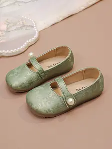 Girls Jacquard Mary Jane Flat Shoes, Elegant Pearl Decorated Shoes, Perfect for Parties, Weddings, and Daily Casual Wear