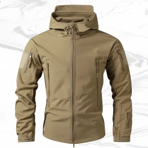 Men's Fitted Woven Plain Long-Sleeve Zippered Hooded Coat - Outdoor Hiking Wear with Adjustable Drawstring Hood, Multiple Zipper Pockets on Chest & Arms, Beige Father's Day Gift, Zippered Hooded Men's Down Jackets