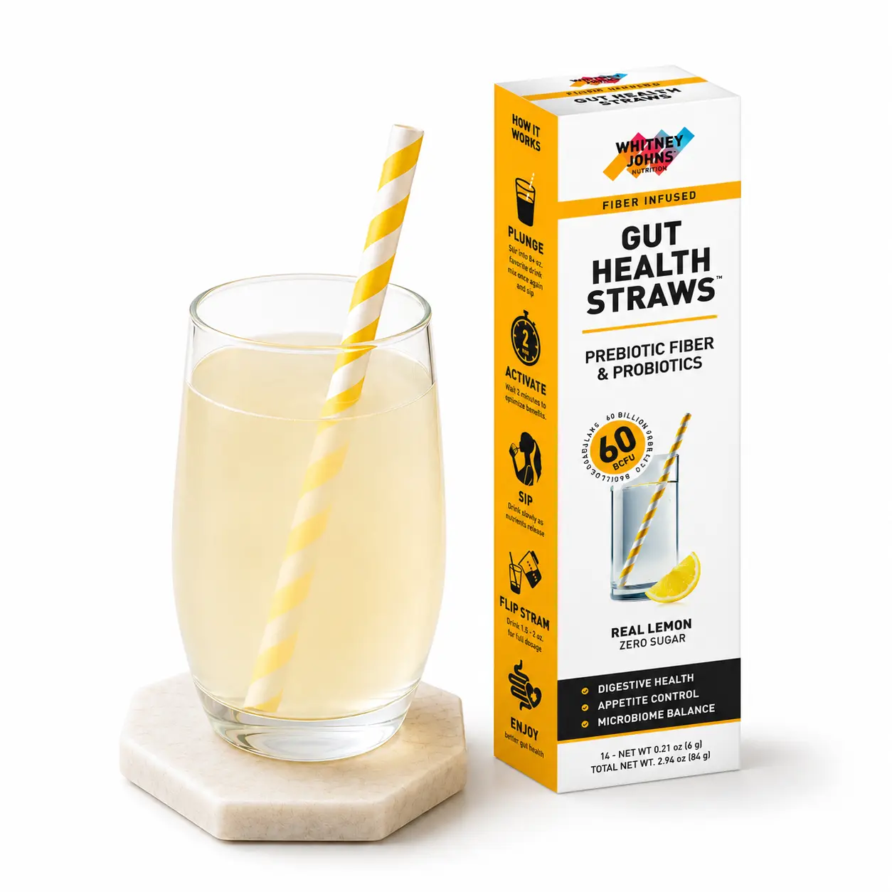 Gut Health Straws by Whitney Johns , Prebiotic Fiber & Probiotics, Real Lemon, Zero Sugar - 14 Straws Edible Fruit Liquid Supplement Healthy Ingredients