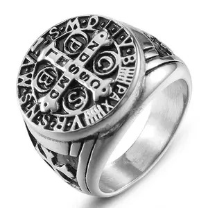 SAINT & RELIC St. Benedict Cross Ring for Men Two-Tone Protection Amulet Catholic Jewelry 316L Stainless Steel Comfort Fit US Sizes 6-10