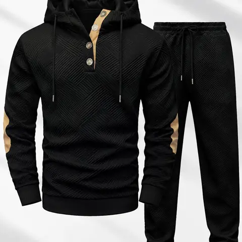 Men's 2-Piece Sweatsuit Set, Casual Knitted Jacquard Long Sleeve Sweatshirt & Matching Pants, Men Sweatsuit Set, Sweat Suit, Fall Clothing Men, Fashion Hoodies, Black Casual Menswear