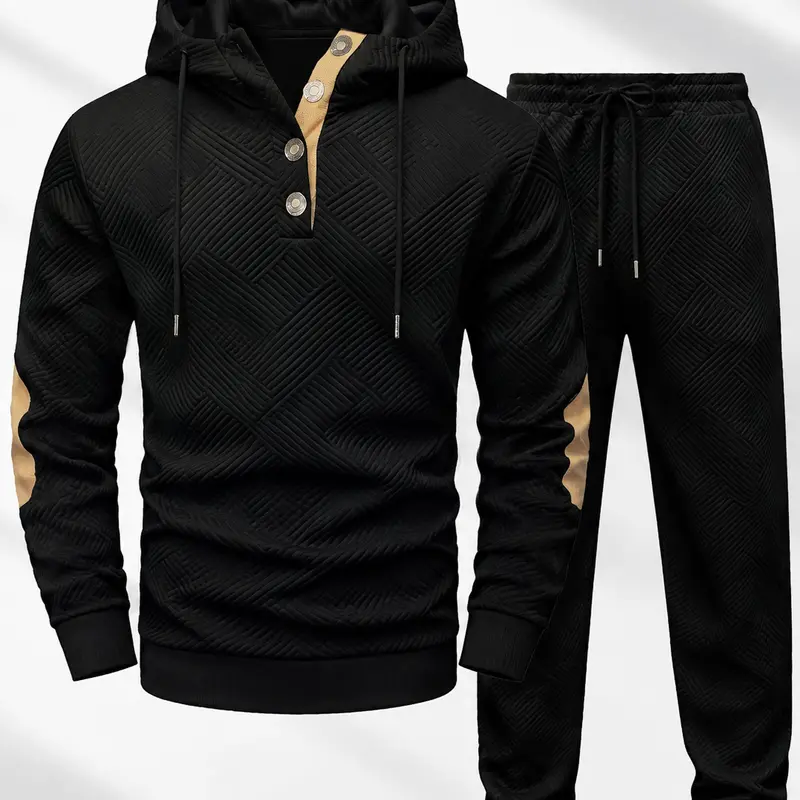 Men's 2-Piece Sweatsuit Set, Casual Knitted Jacquard Long Sleeve Sweatshirt & Matching Pants, Men Sweatsuit Set, Sweat Suit, Fall Clothing Men, Fashion Hoodies, Black Casual Menswear