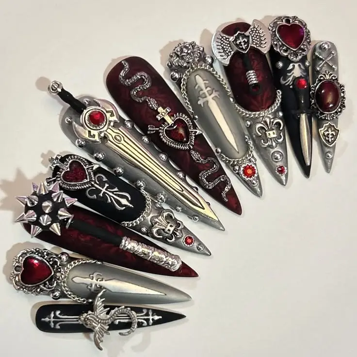 Premium Antique Silver Armor Reusable Press-On Nails, Gothic Blood Red Heart Nail Art Decorations