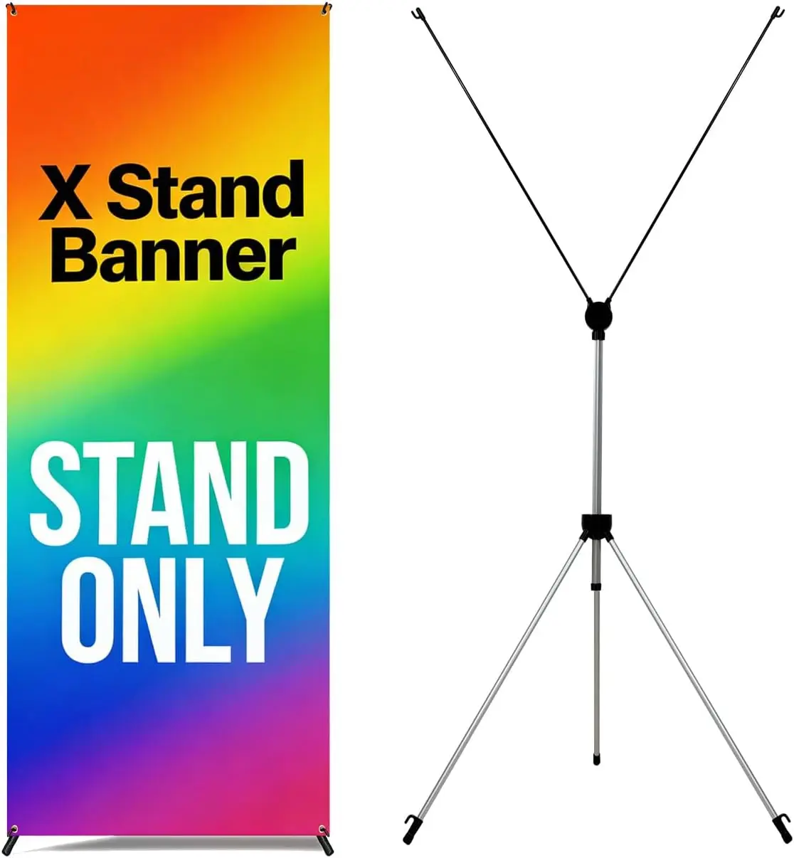 Adjustable X Frame Banner Stand fits any banner between 23"-32" Wide and 63"-78" High. Sturdy aluminum frame, easy to setup.
