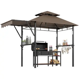 8×5 ft Grill Gazebo, Double Tier Outdoor Patio Canopy Tent w/ Side Awning, Shelves, 4 LED Lights, 10 Hooks & Bottle Opener – Heavy Duty Steel Frame Grilling Canopy for Patio, Backyard, Garden, Picnic